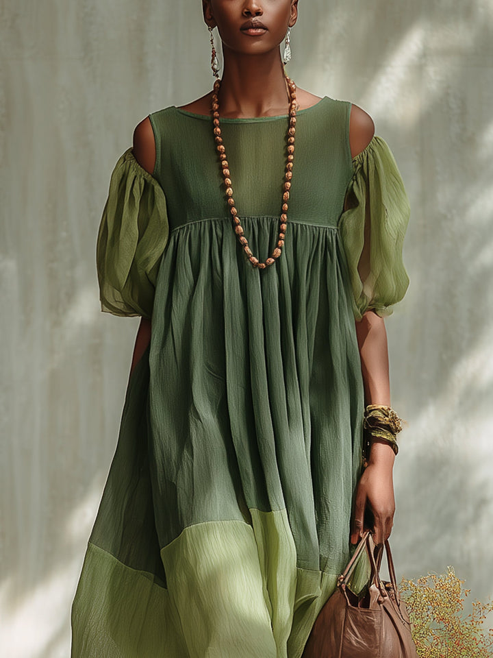 Groene Chiffon Off-Shoulder Midi-Jurk met Korte Mouwen