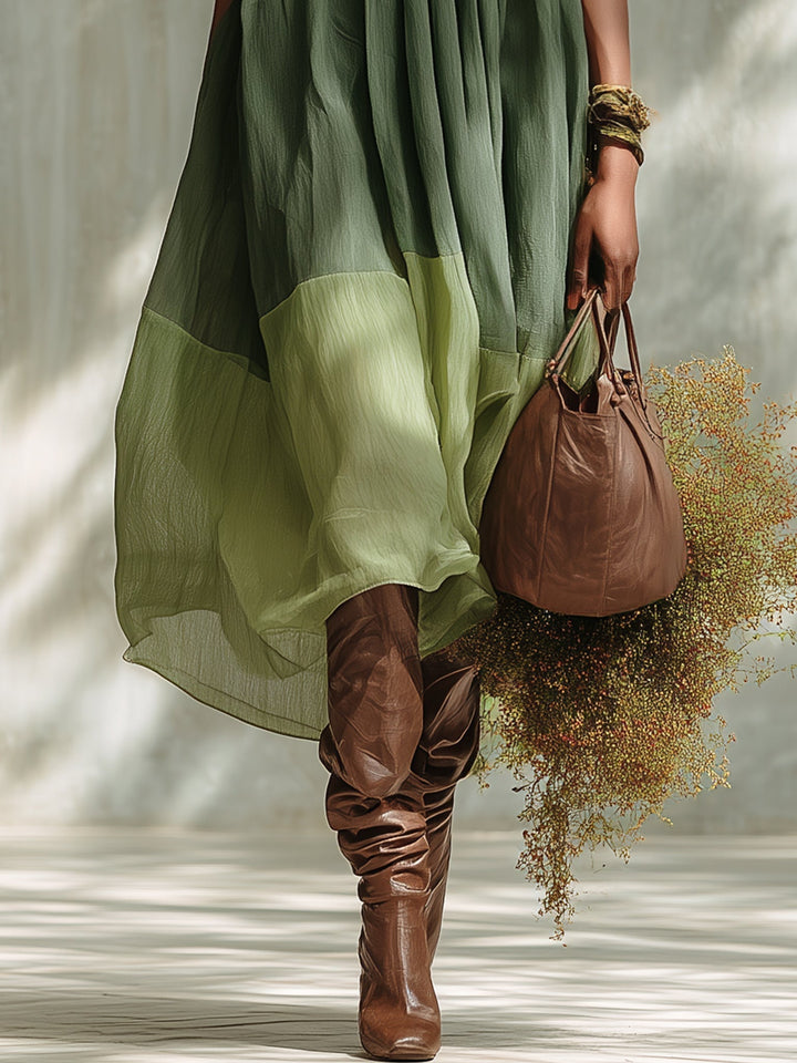 Groene Chiffon Off-Shoulder Midi-Jurk met Korte Mouwen