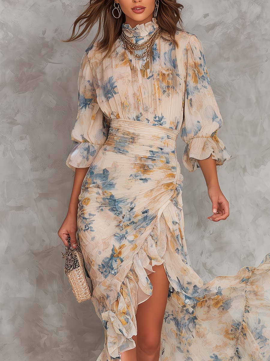 Beige coltrui olieverf bloemenprint onregelmatige chiffon maxi-jurk