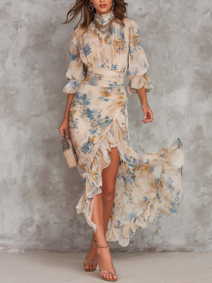 Beige coltrui olieverf bloemenprint onregelmatige chiffon maxi-jurk
