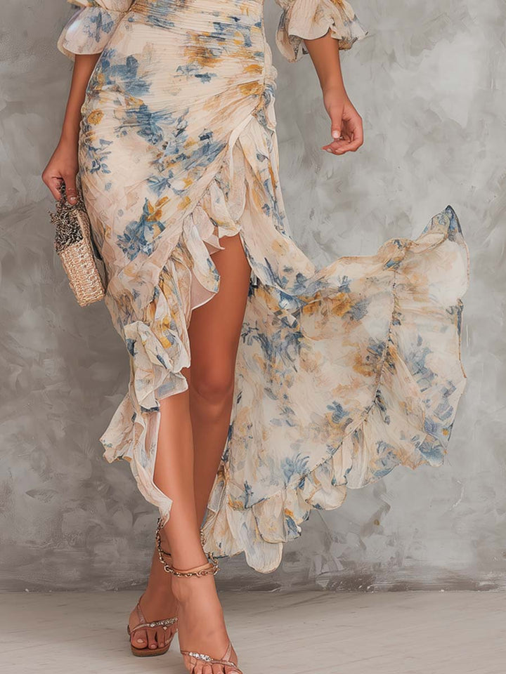 Beige coltrui olieverf bloemenprint onregelmatige chiffon maxi-jurk
