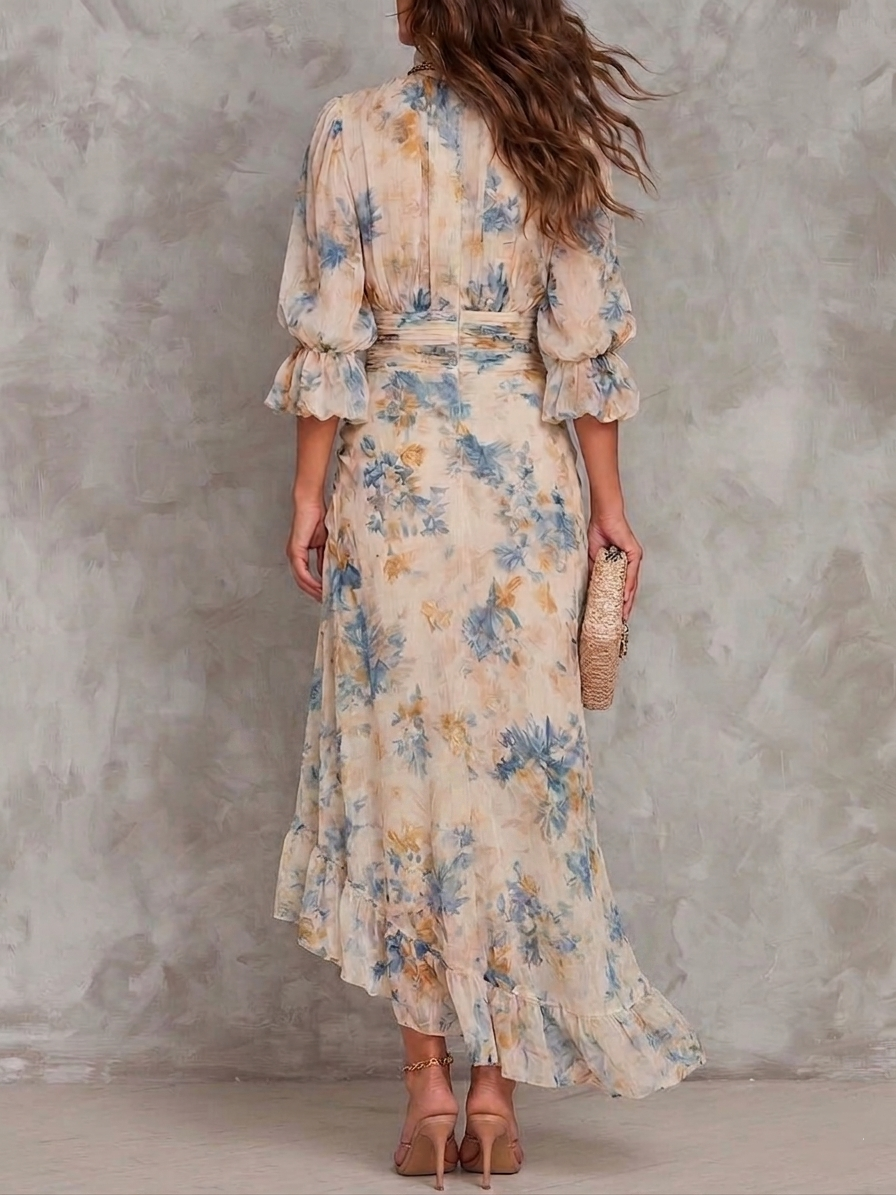 Beige coltrui olieverf bloemenprint onregelmatige chiffon maxi-jurk