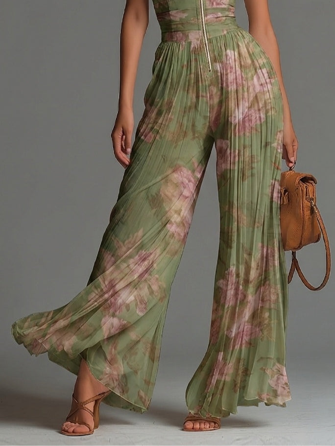 Groene bloemenprint V-hals mouwloze jumpsuit met rits, plooien en wijde pijpen van chiffon