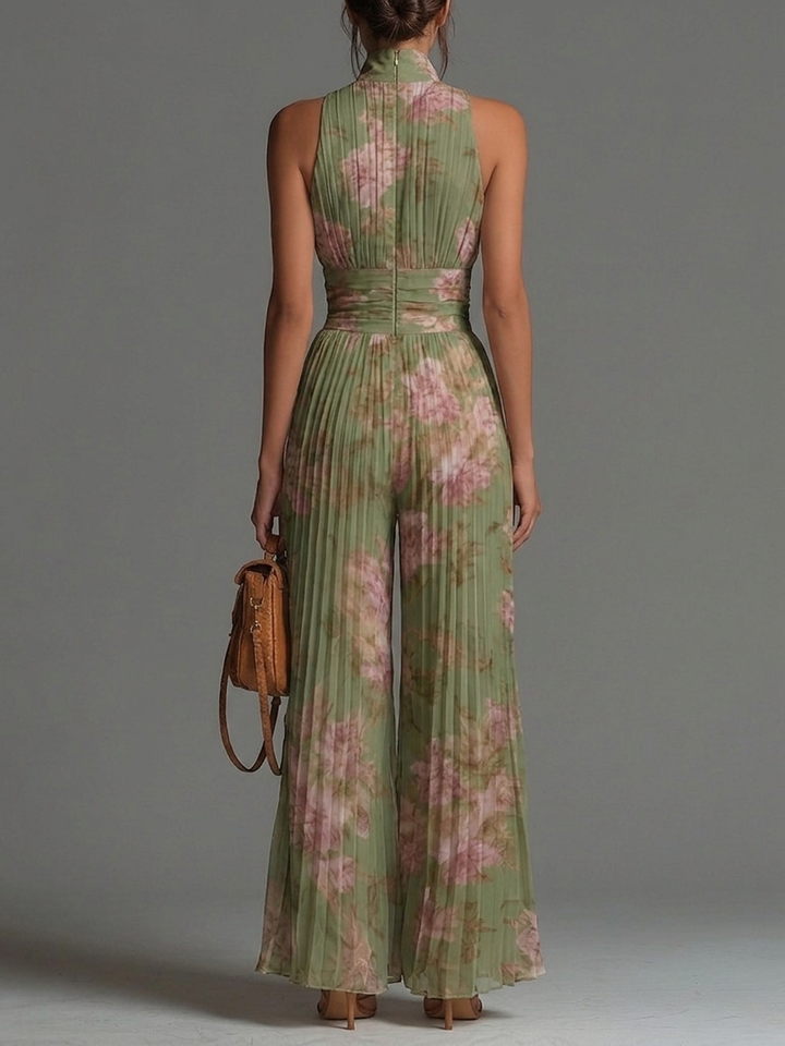 Groene bloemenprint V-hals mouwloze jumpsuit met rits, plooien en wijde pijpen van chiffon