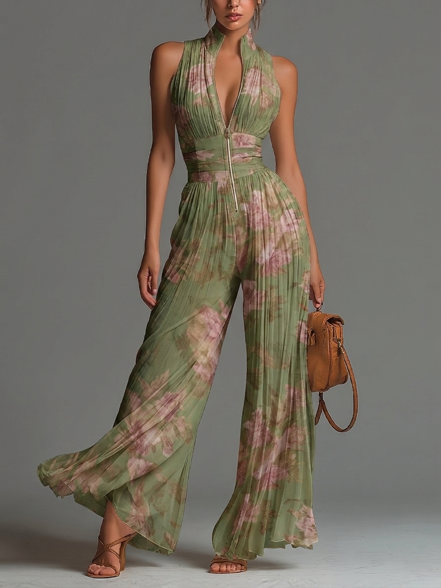 Groene bloemenprint V-hals mouwloze jumpsuit met rits, plooien en wijde pijpen van chiffon