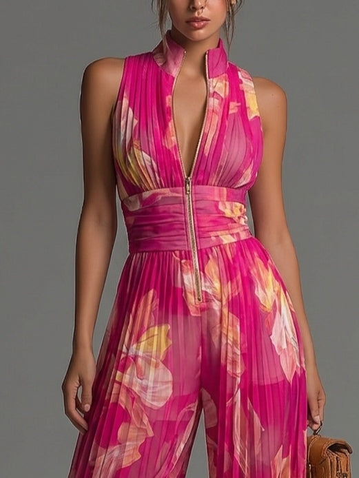 Fuchsia bloemenprint mouwloze geplooide geplooide chiffon jumpsuit met wijde pijpen