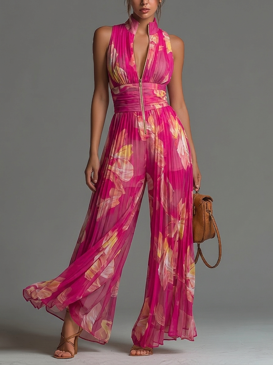 Fuchsia bloemenprint mouwloze geplooide geplooide chiffon jumpsuit met wijde pijpen