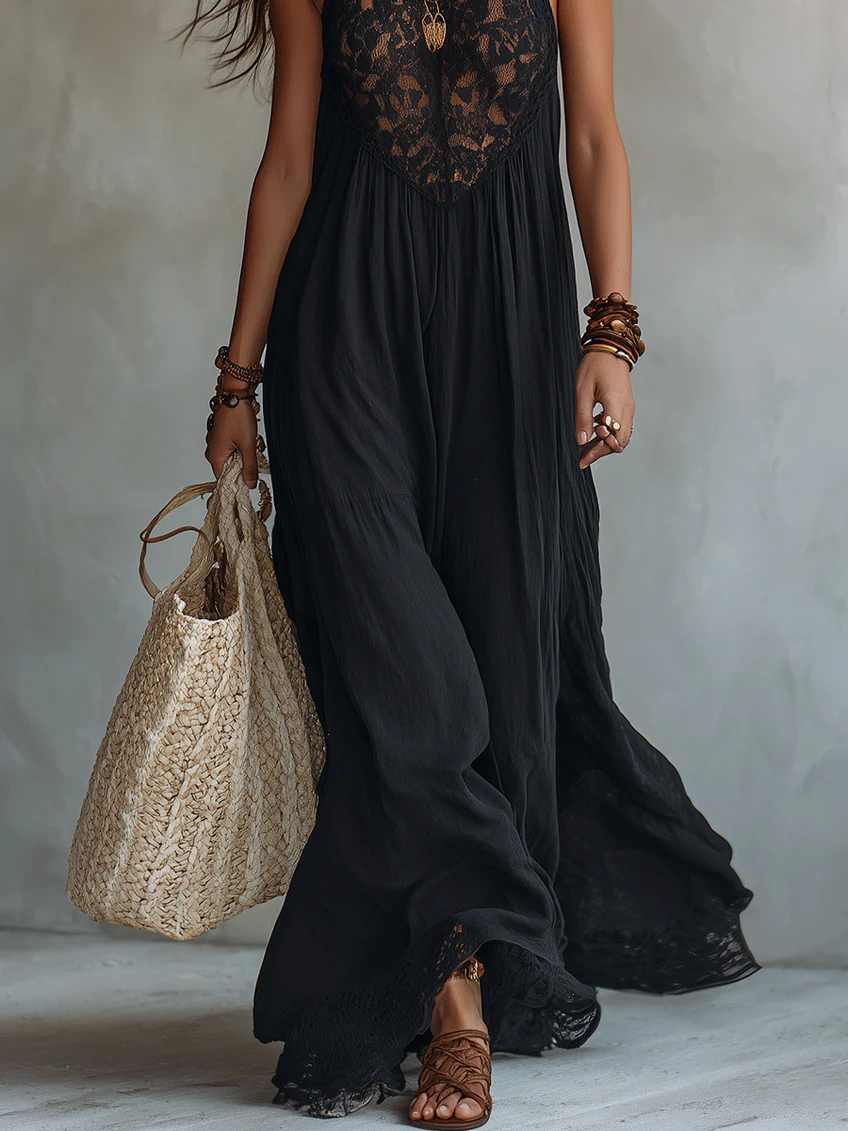 Bohemian Zwarte Mouwloze Maxi-Jurk met Kanten Afwerking