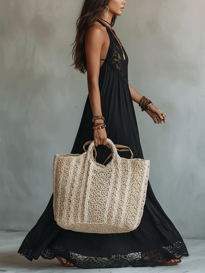Bohemian Zwarte Mouwloze Maxi-Jurk met Kanten Afwerking