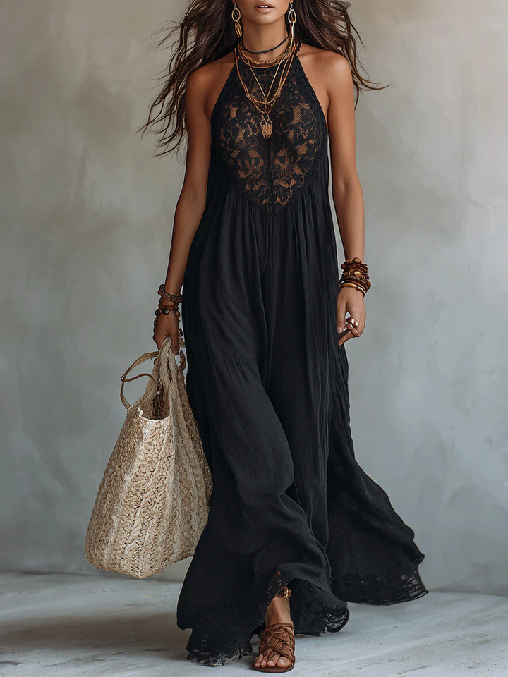 Bohemian Zwarte Mouwloze Maxi-Jurk met Kanten Afwerking