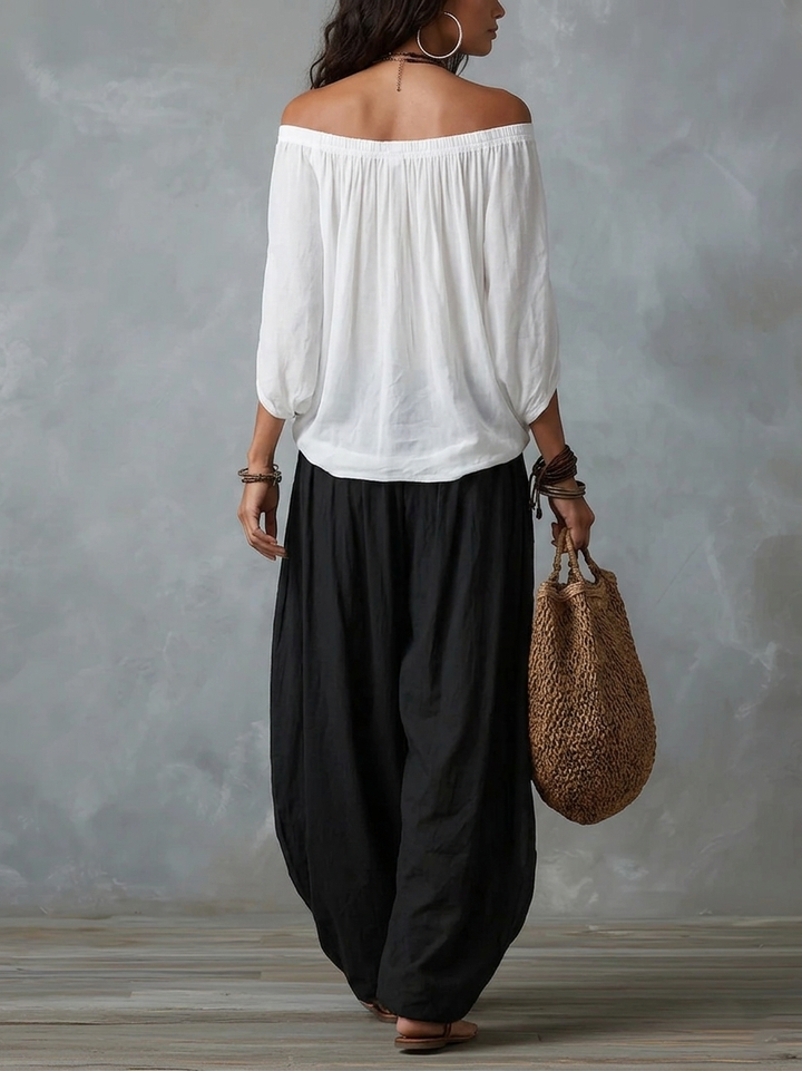 Witte Off-Shoulder Top En Losvallende Lantaarn Broek Set