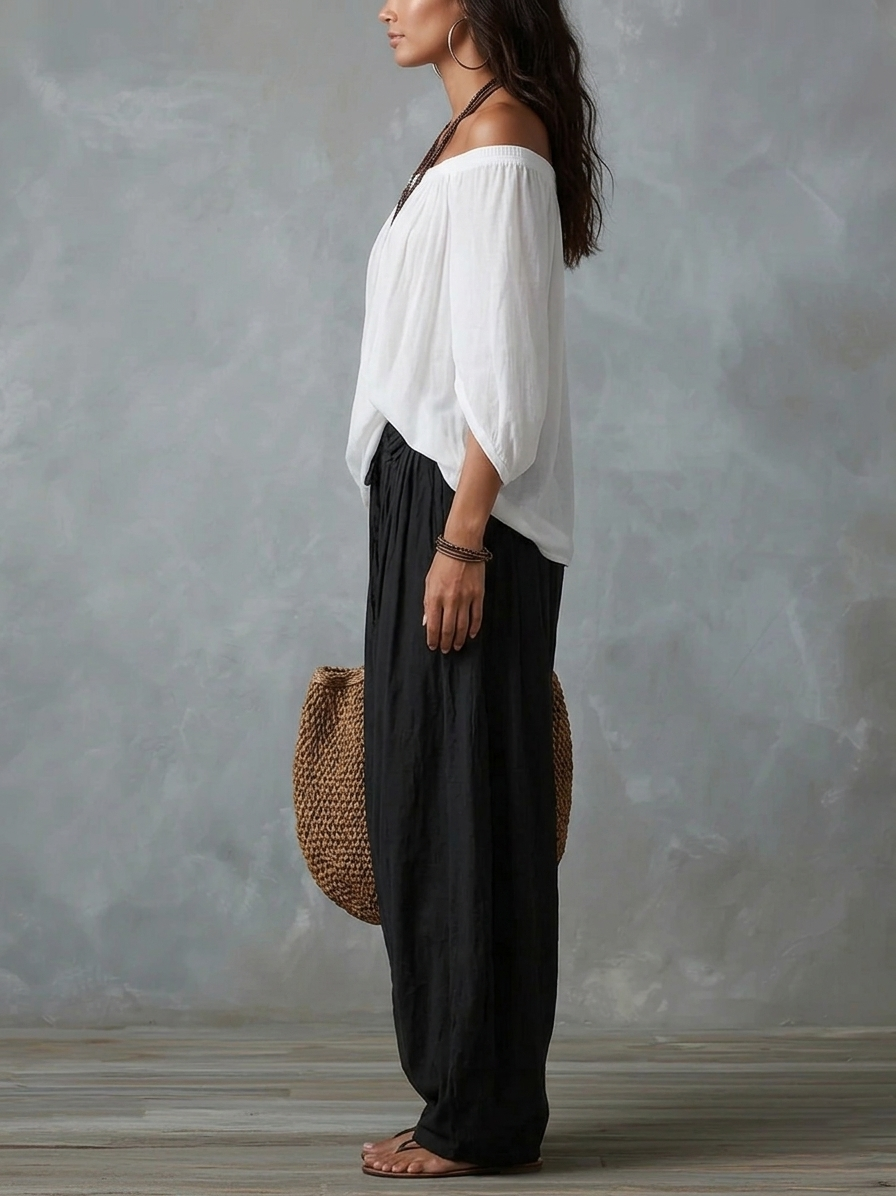 Witte Off-Shoulder Top En Losvallende Lantaarn Broek Set
