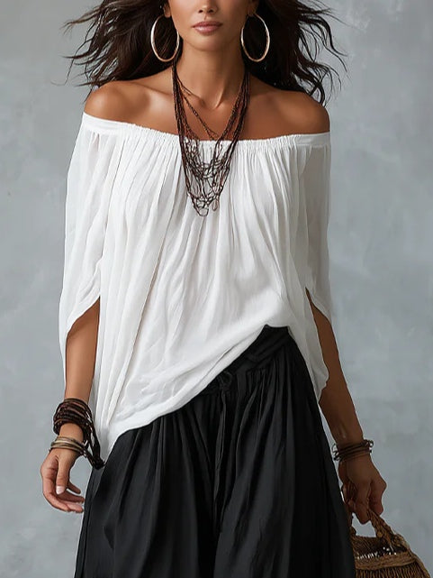 Witte Off-Shoulder Top En Losvallende Lantaarn Broek Set