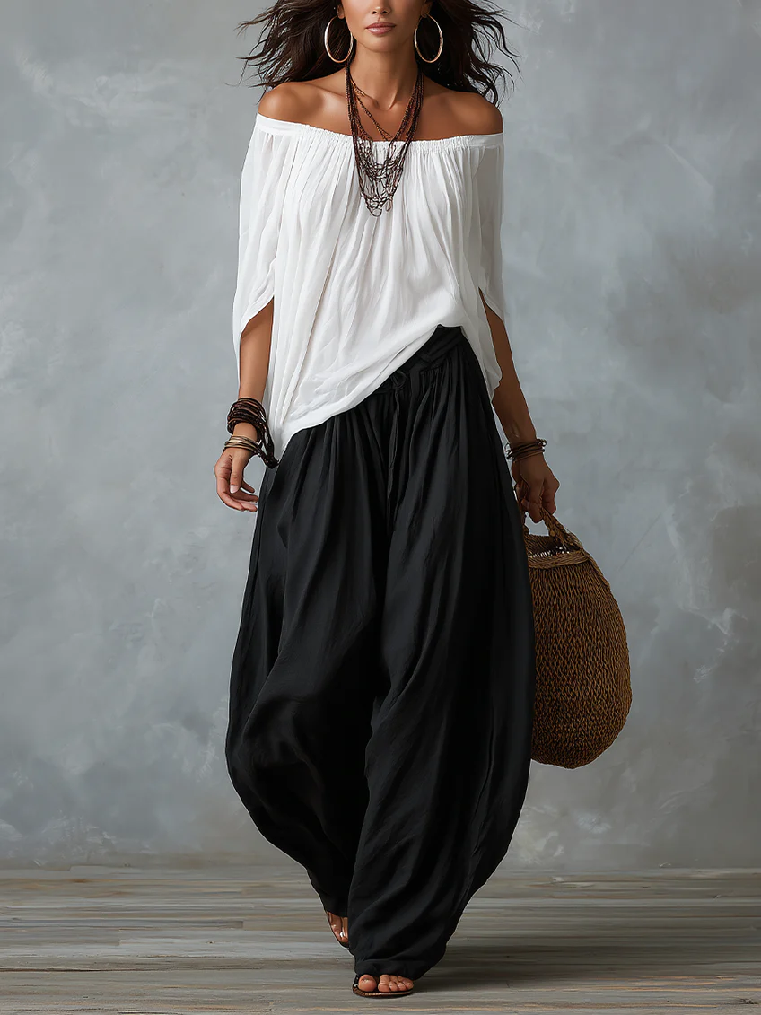 Witte Off-Shoulder Top En Losvallende Lantaarn Broek Set