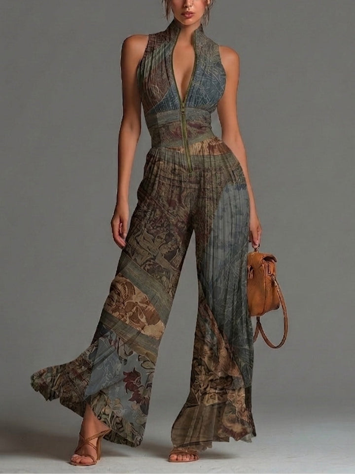 Boheemse Jumpsuit zonder mouwen met Etnische Print, Ritssluiting, Plooi en wijde pijpen van Chiffon