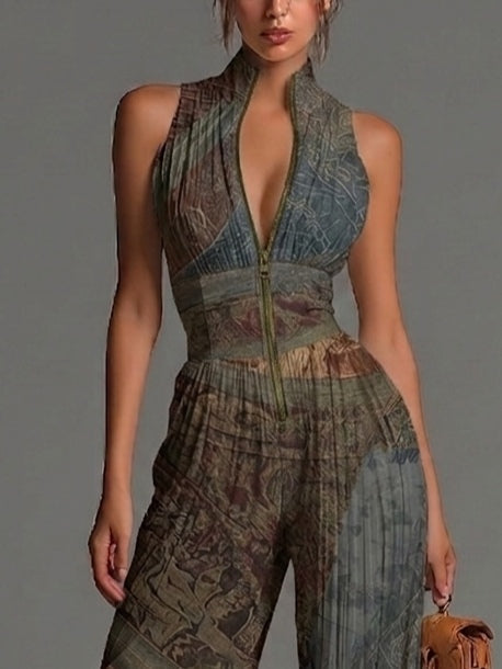 Boheemse Jumpsuit zonder mouwen met Etnische Print, Ritssluiting, Plooi en wijde pijpen van Chiffon