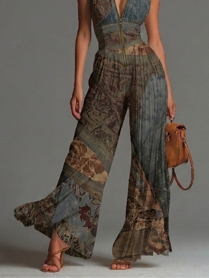 Boheemse Jumpsuit zonder mouwen met Etnische Print, Ritssluiting, Plooi en wijde pijpen van Chiffon
