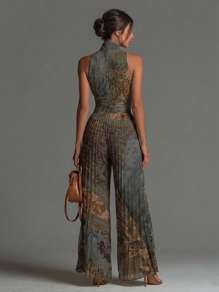 Boheemse Jumpsuit zonder mouwen met Etnische Print, Ritssluiting, Plooi en wijde pijpen van Chiffon