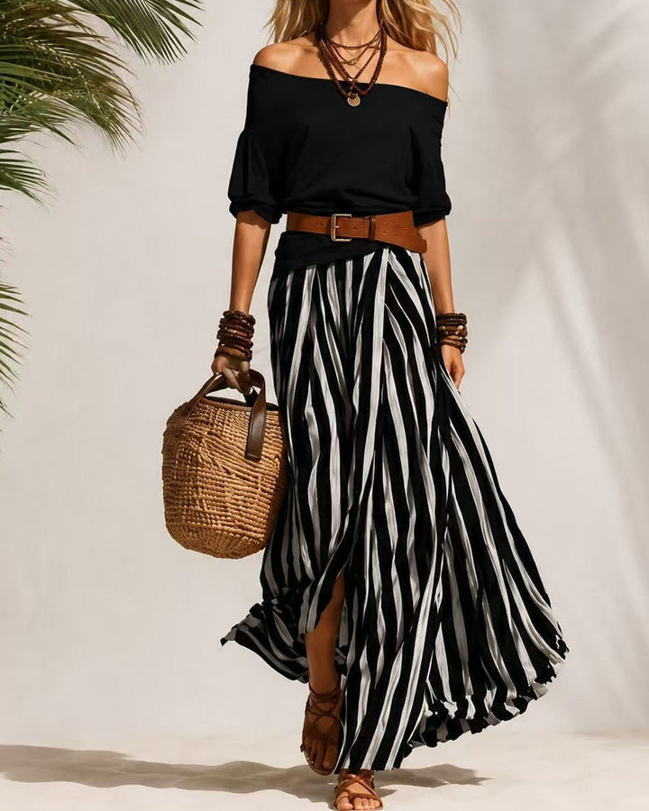 MADISON | Gestreept maxi-rokset met off-shoulder top