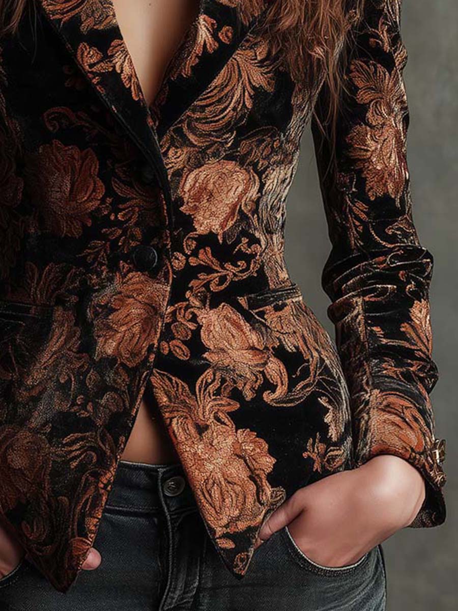 Zwarte Blazer met Bronzen Bloemenprint voor Dames