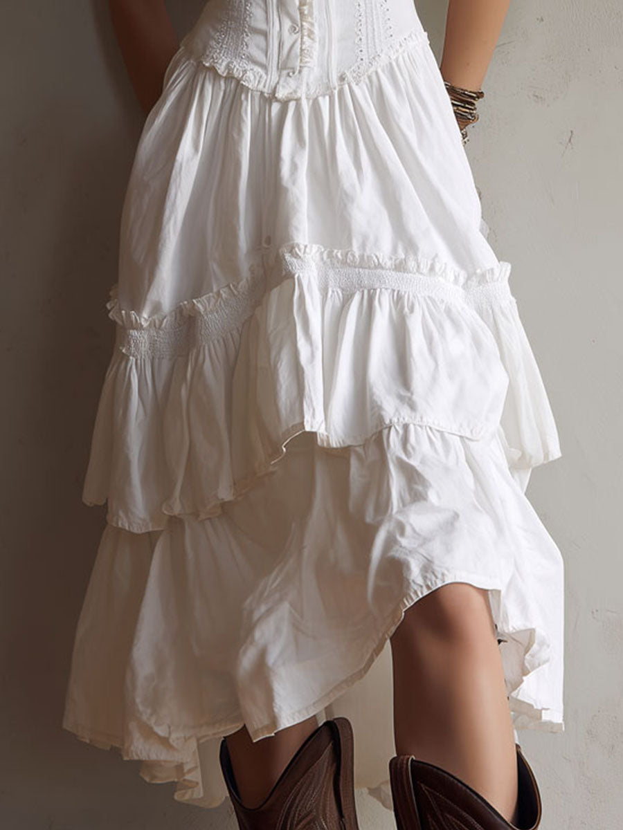 Retro Boho Korset Gelaagde Midi Jurk met Kanten Afwerking