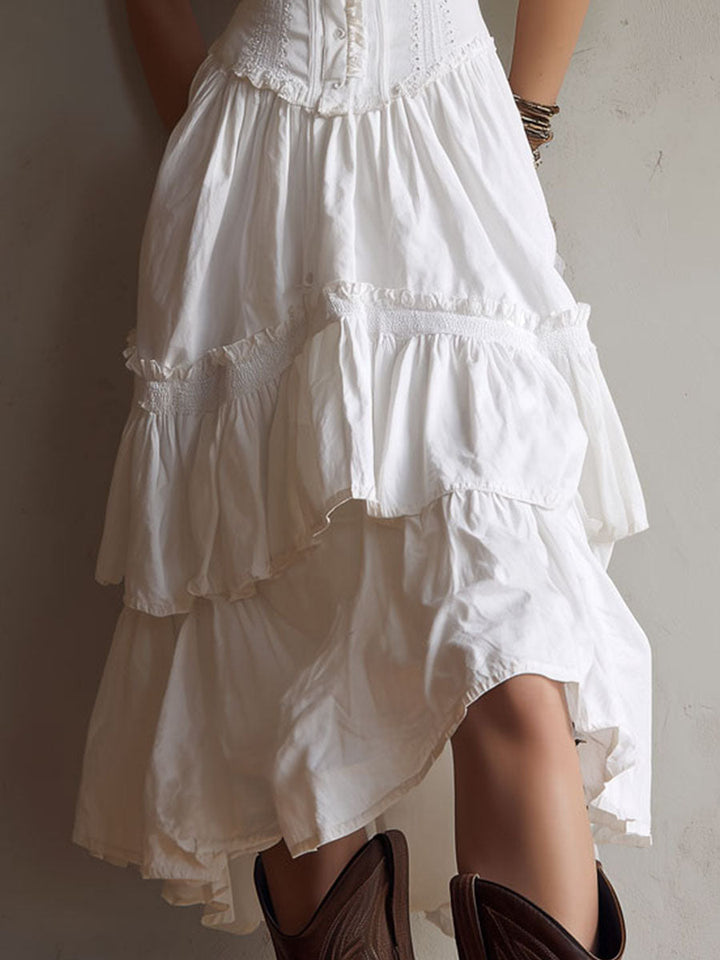Retro Boho Korset Gelaagde Midi Jurk met Kanten Afwerking
