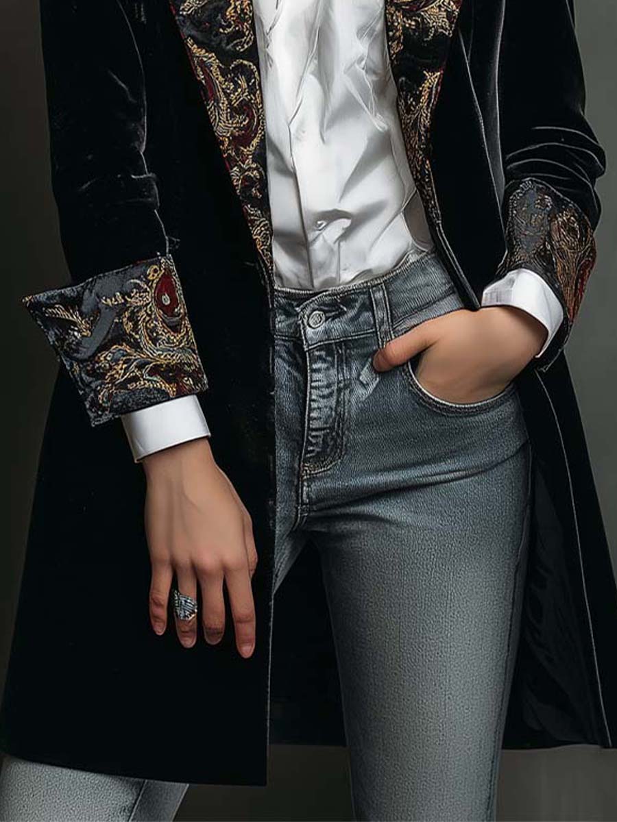 Dames Zwarte Blazer met Barokprint en Revers, Slim Fit