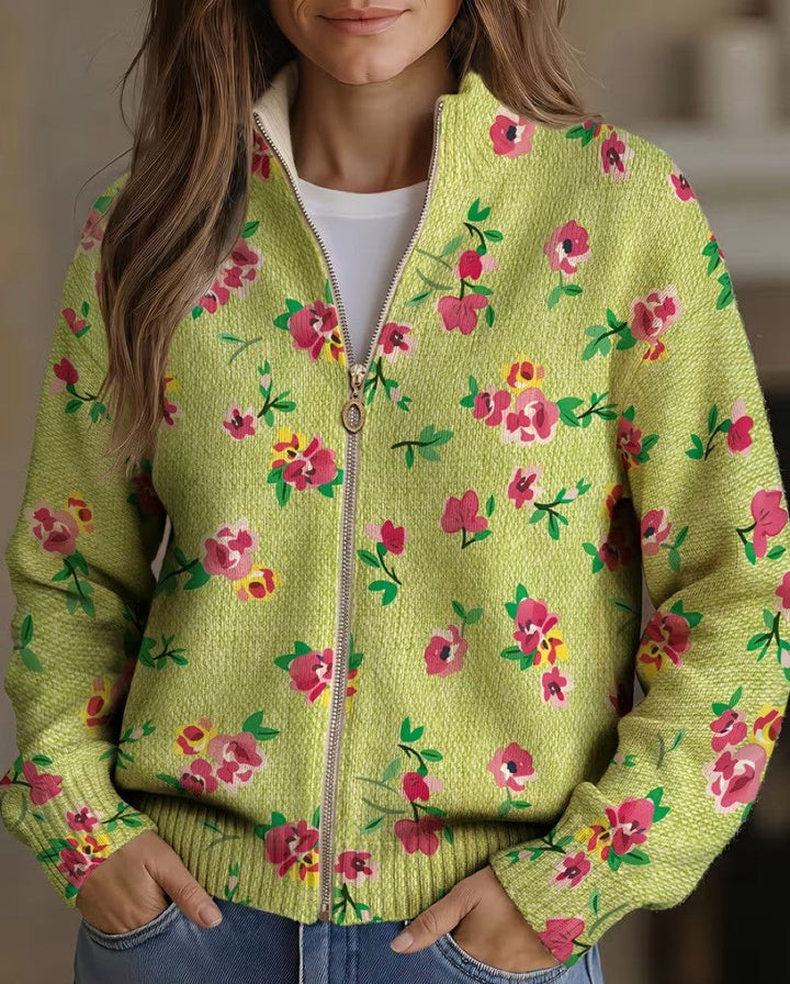 Margot | Roze Gebloemd Limoengroen Vest met Rits