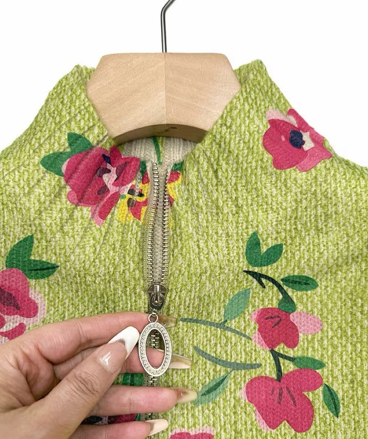Margot | Roze Gebloemd Limoengroen Vest met Rits
