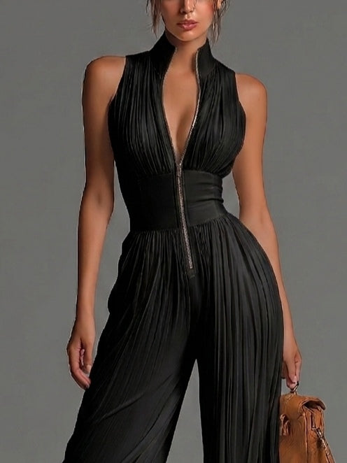 Zwarte mouwloze jumpsuit van chiffon met V-hals, rits, plooien en wijde pijpen