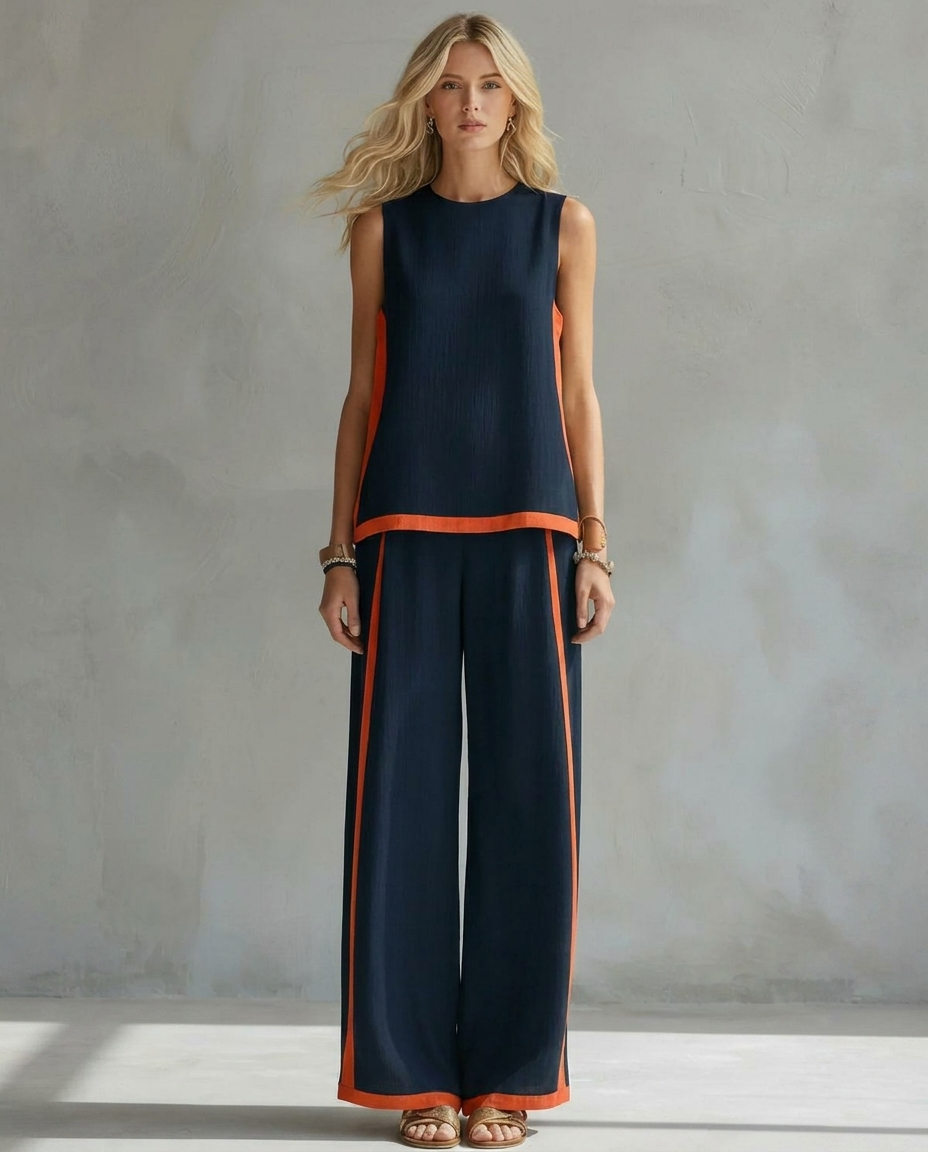 Ursula - Elegante en Casual Set van Vest en Broek met Tweekleurige Afwerkingen