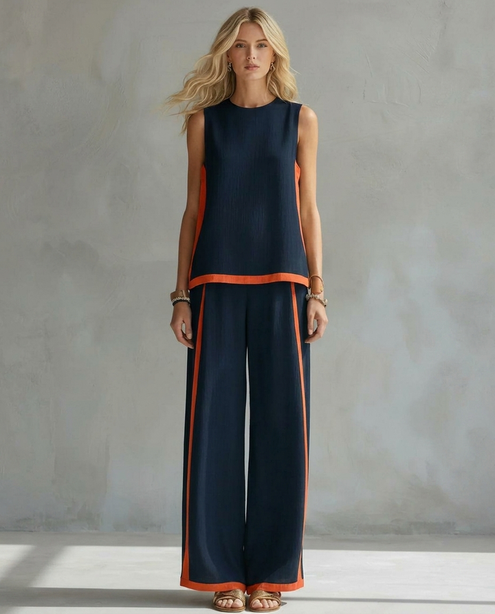 Ursula - Elegante en Casual Set van Vest en Broek met Tweekleurige Afwerkingen