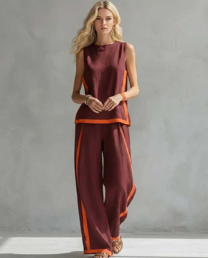 Ursula - Elegante en Casual Set van Vest en Broek met Tweekleurige Afwerkingen