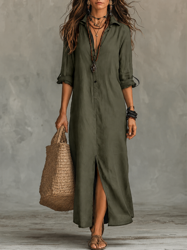Zwarte Boho Maxi Jurk met Knoopsluiting