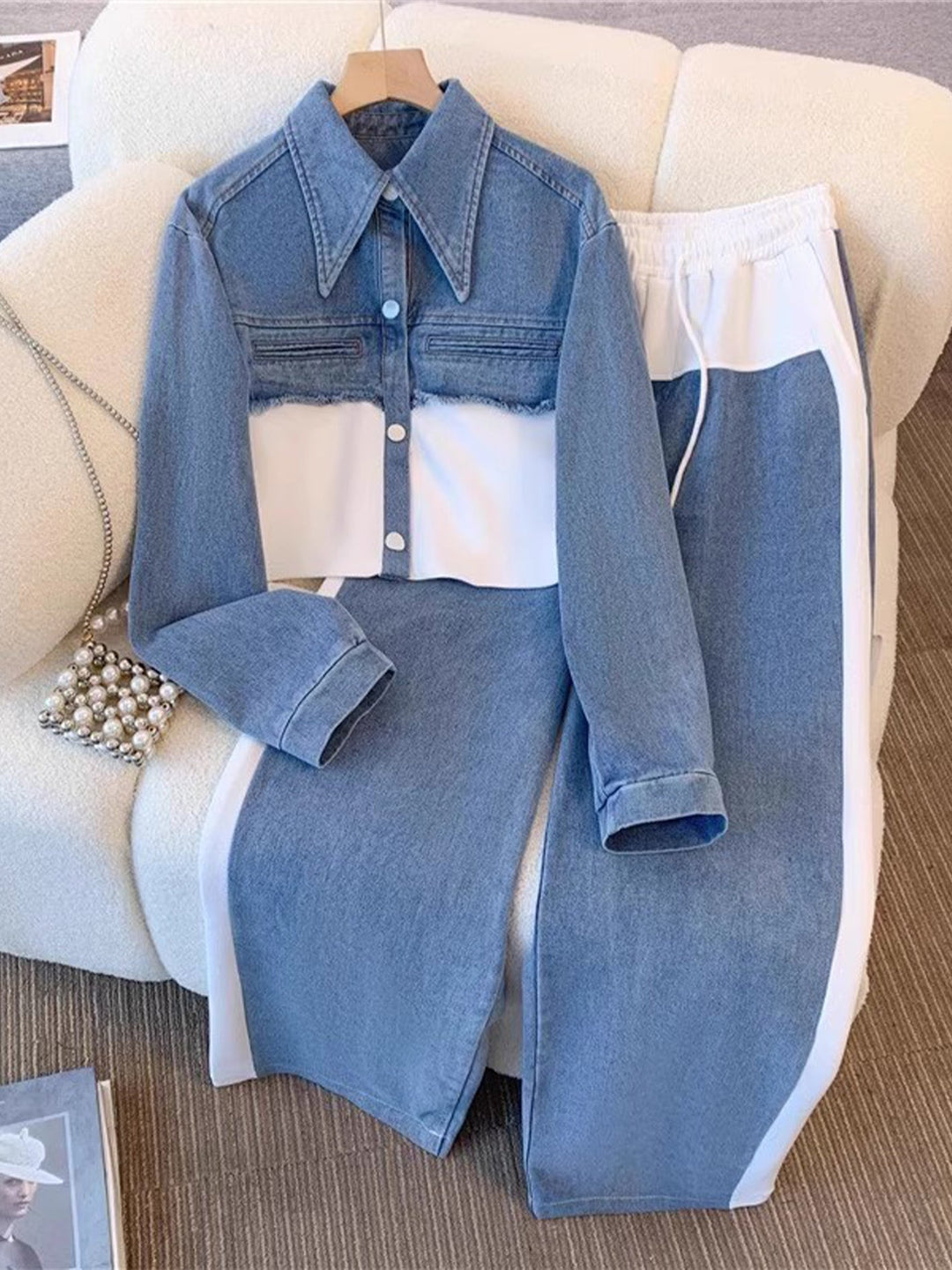 Holbrook™ | Color-Block Cropped Jasje &amp; Wijde Pijpen Broek Set