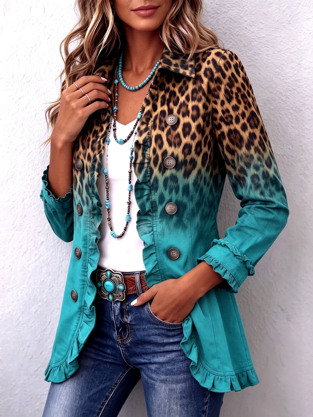 Elspeth™ | Luipaard Ombre Ruches Blazer Jasje