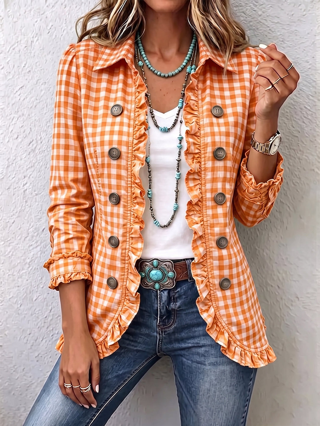 Charlene™ | Gingham Gerimpeld Overhemdjack met Knopen