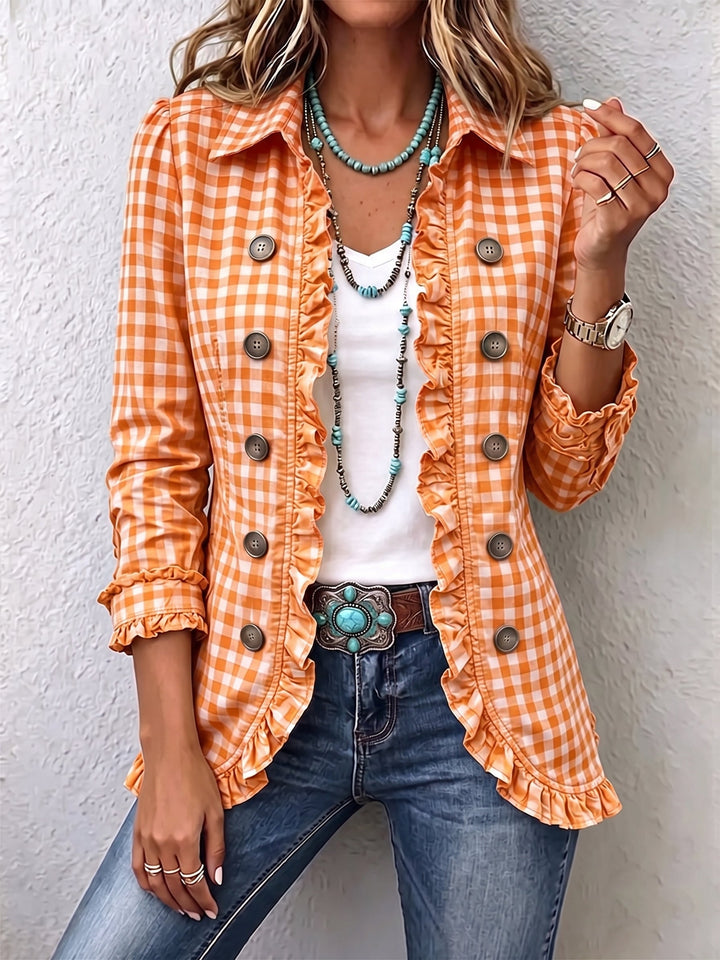 Charlene™ | Gingham Gerimpeld Overhemdjack met Knopen
