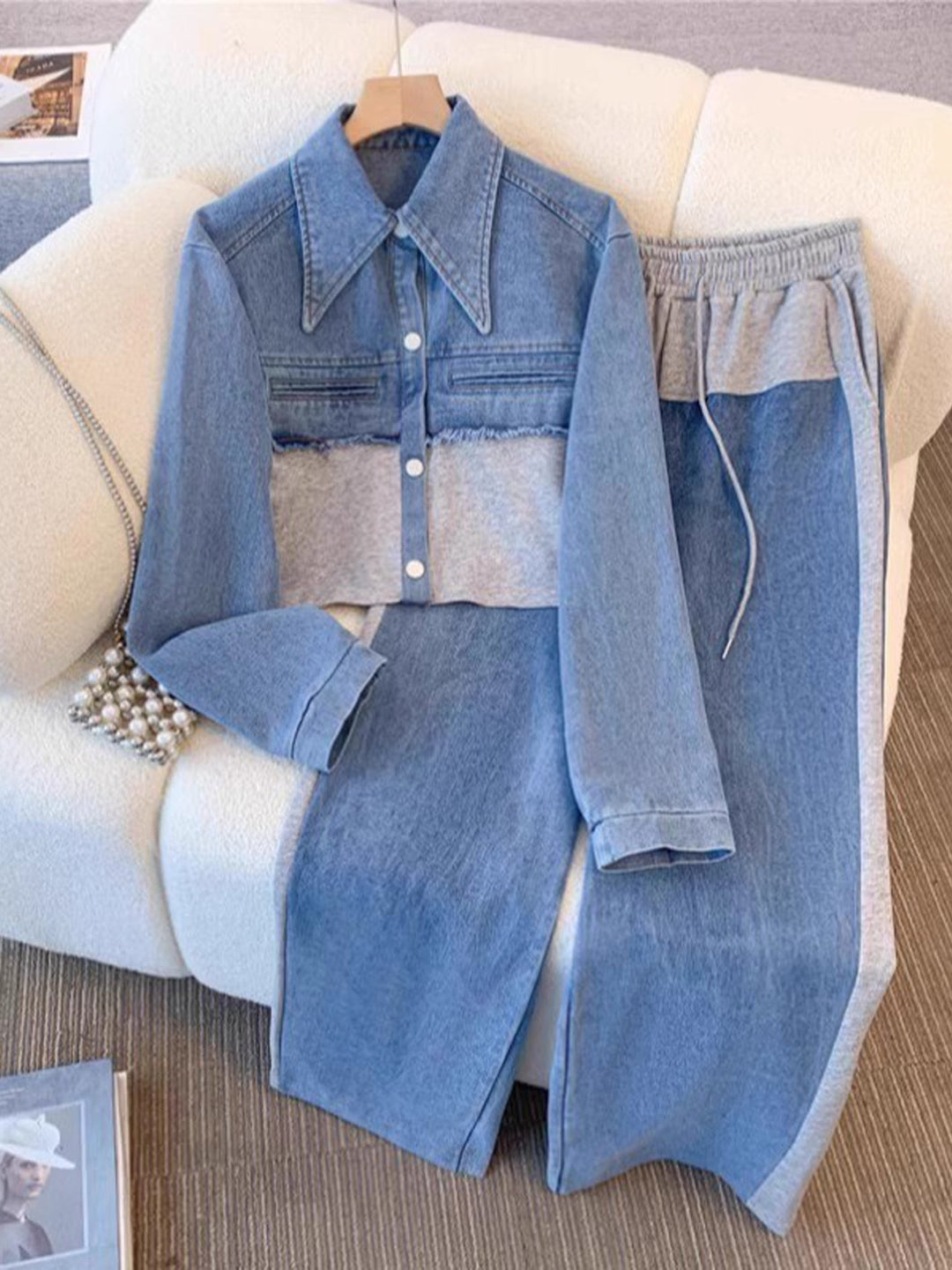 Holbrook™ | Color-Block Cropped Jasje &amp; Wijde Pijpen Broek Set