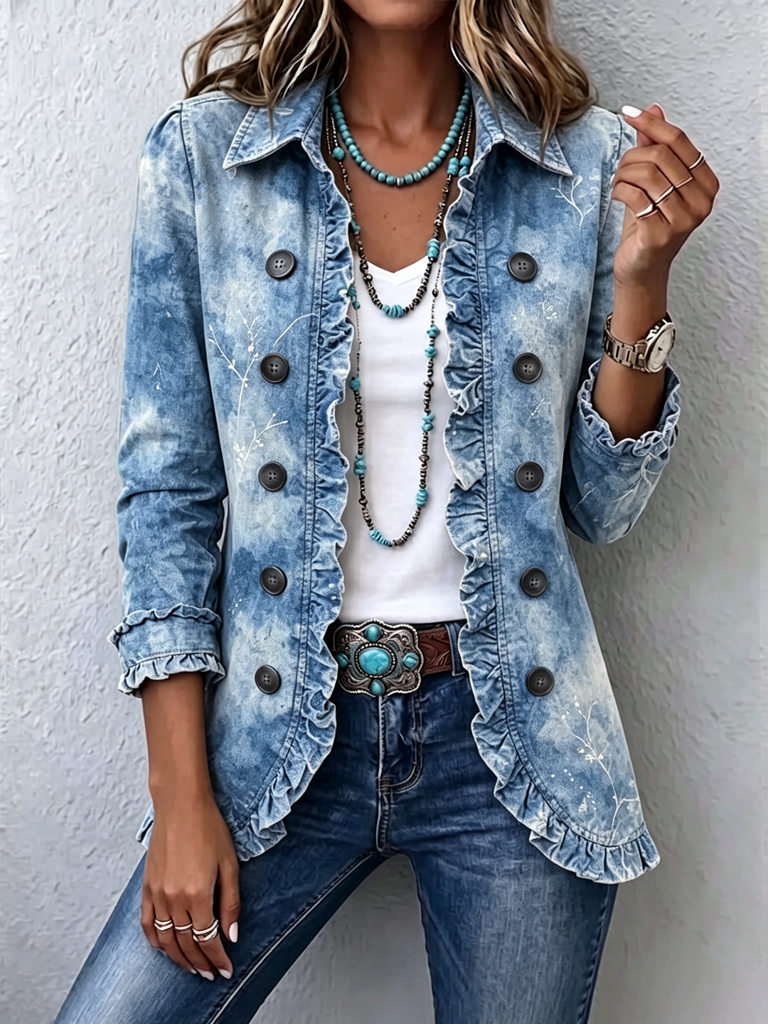 Jemison™ | Boho-stijl Gradiënt Vintage Botanische Print Jas met Ruches