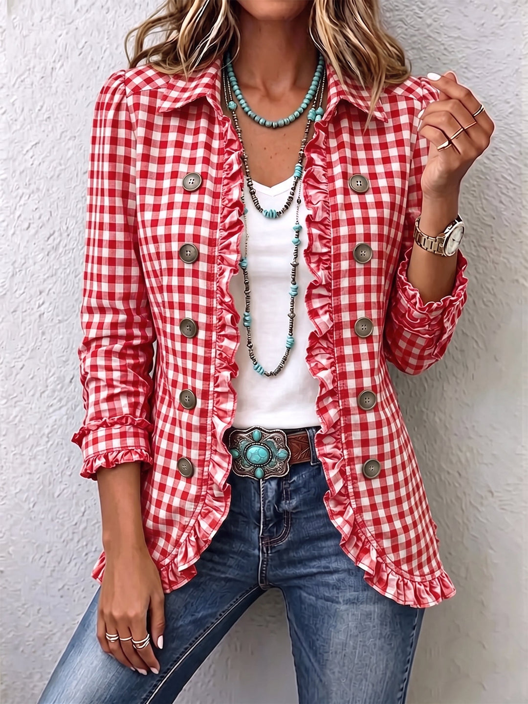 Charlene™ | Gingham Gerimpeld Overhemdjack met Knopen