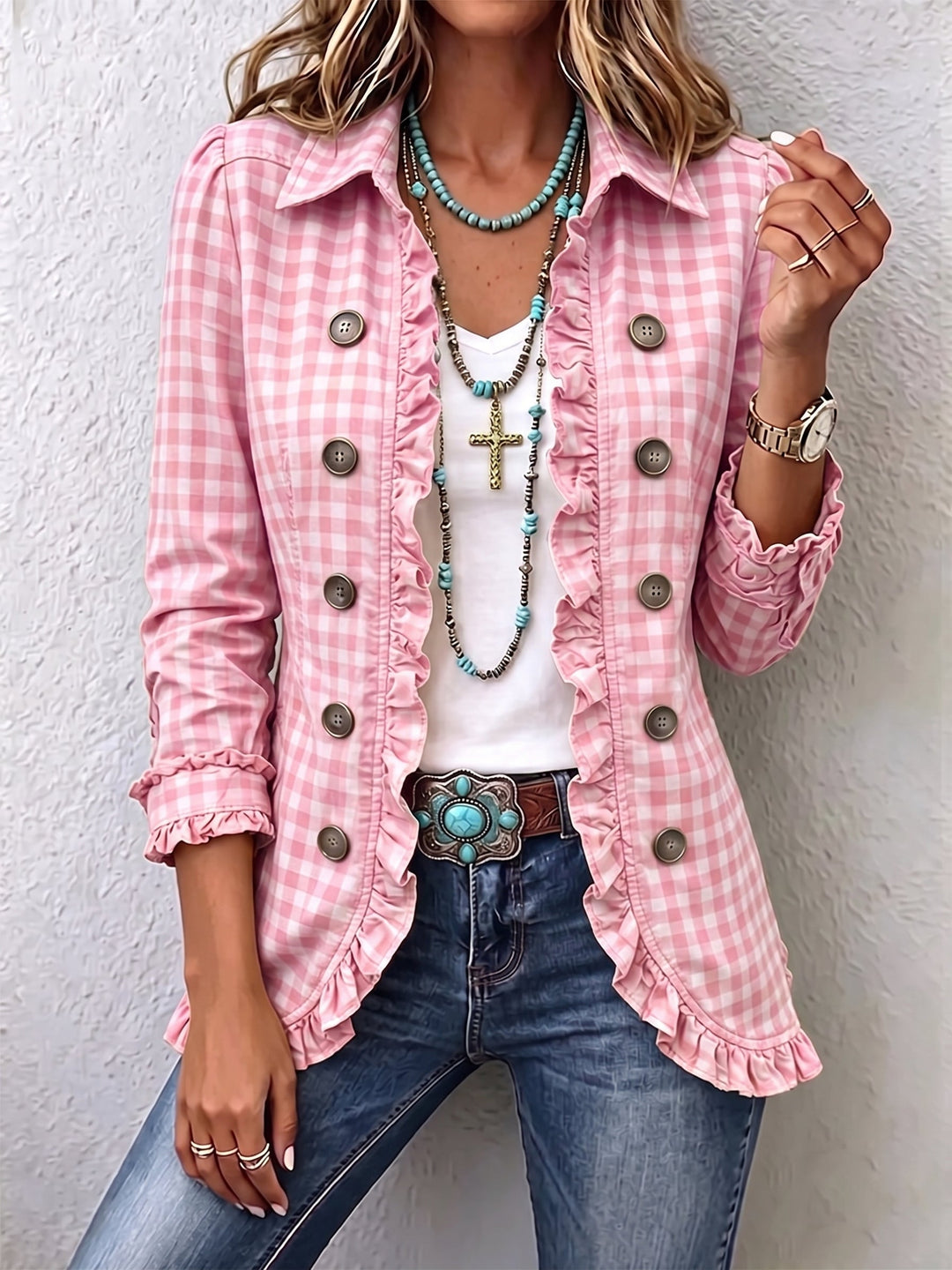 Charlene™ | Gingham Gerimpeld Overhemdjack met Knopen