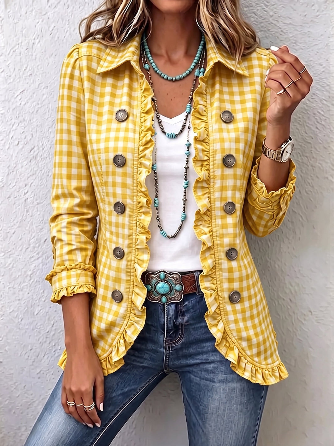 Charlene™ | Gingham Gerimpeld Overhemdjack met Knopen