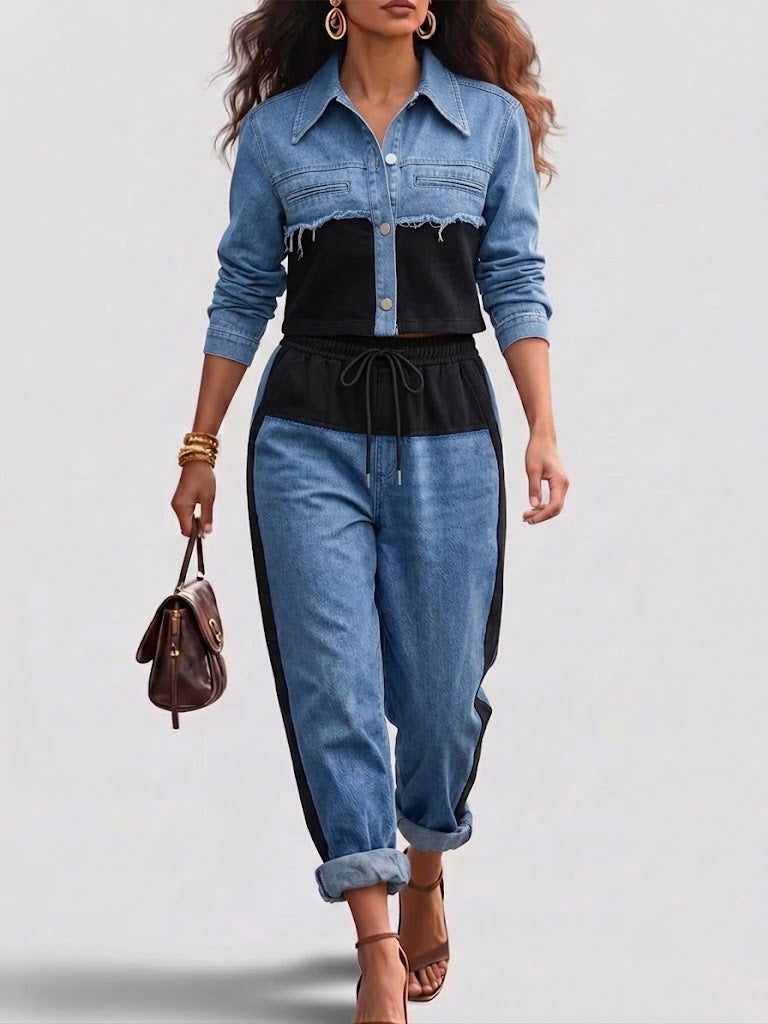 Holbrook™ | Color-Block Cropped Jasje &amp; Wijde Pijpen Broek Set