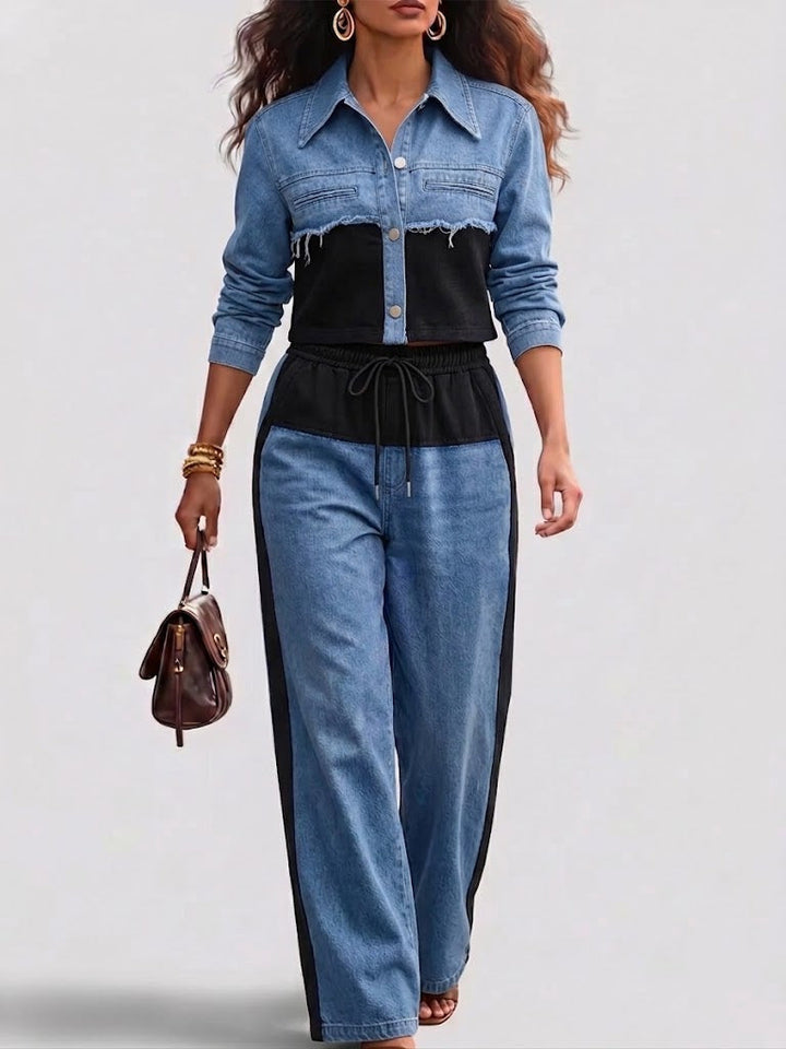 Holbrook™ | Color-Block Cropped Jasje &amp; Wijde Pijpen Broek Set