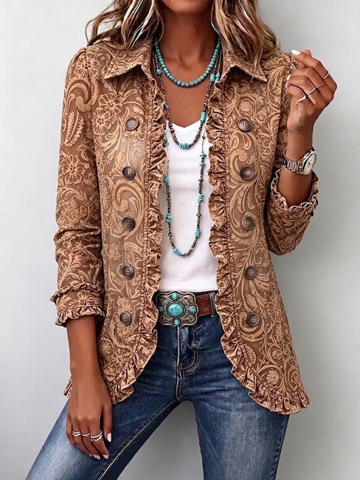 Vyclara™ | Vintage Boheemse Jas met Ruches en Bloemenprint