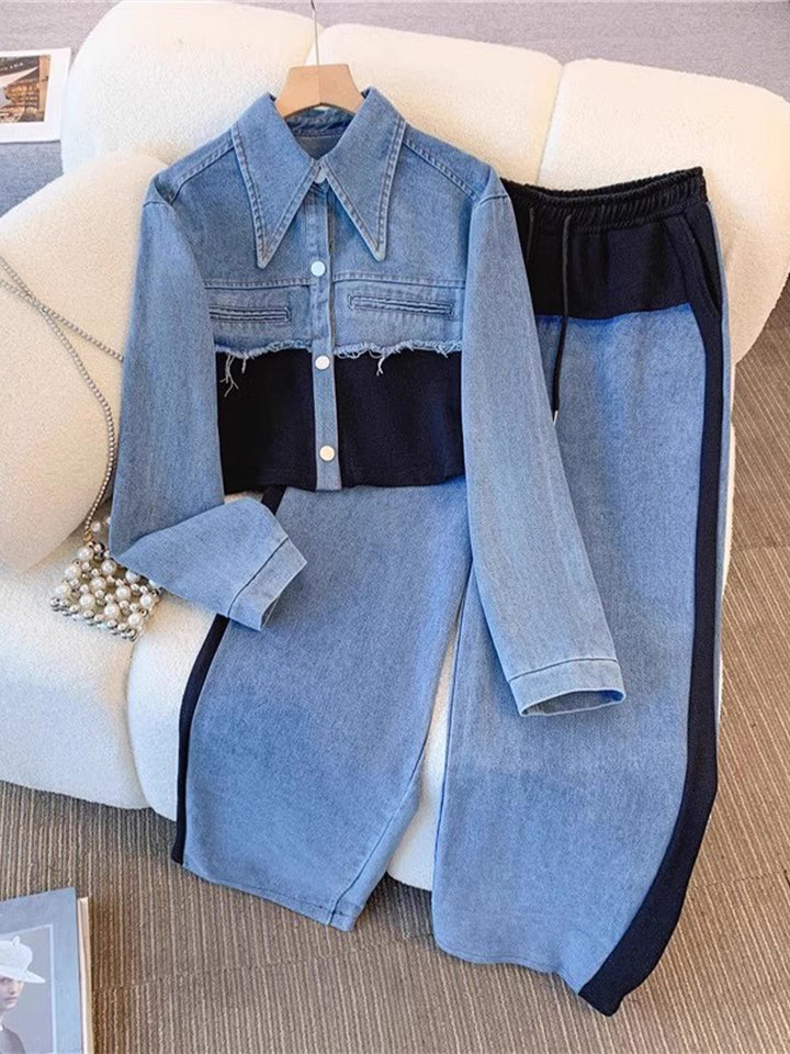 Holbrook™ | Color-Block Cropped Jasje &amp; Wijde Pijpen Broek Set
