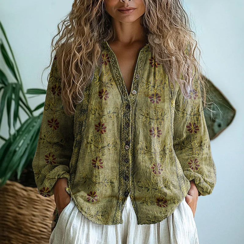 Petra™ | Geborduurde V-halsblouse met lange mouwen voor dames