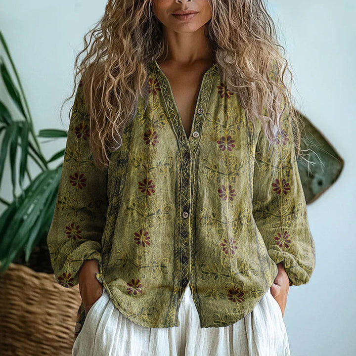 Petra™ | Geborduurde V-halsblouse met lange mouwen voor dames