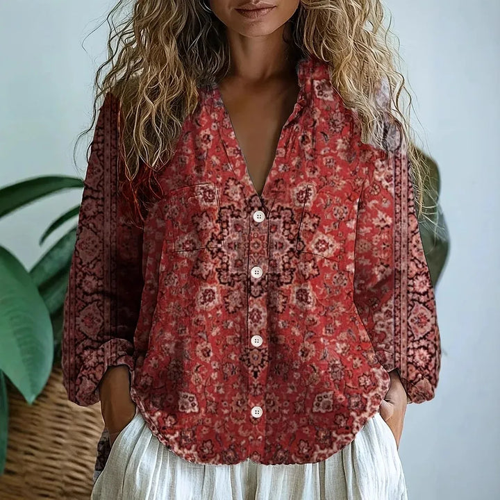 Petra™ | Geborduurde V-halsblouse met lange mouwen voor dames